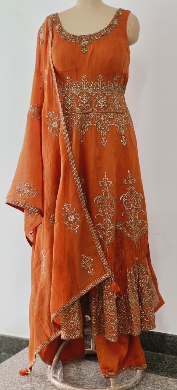 Premium Zardosi Placement Work Padded Sleeveless Flared Anarkali Suit With Dupatta In Pure Fabric- 12042