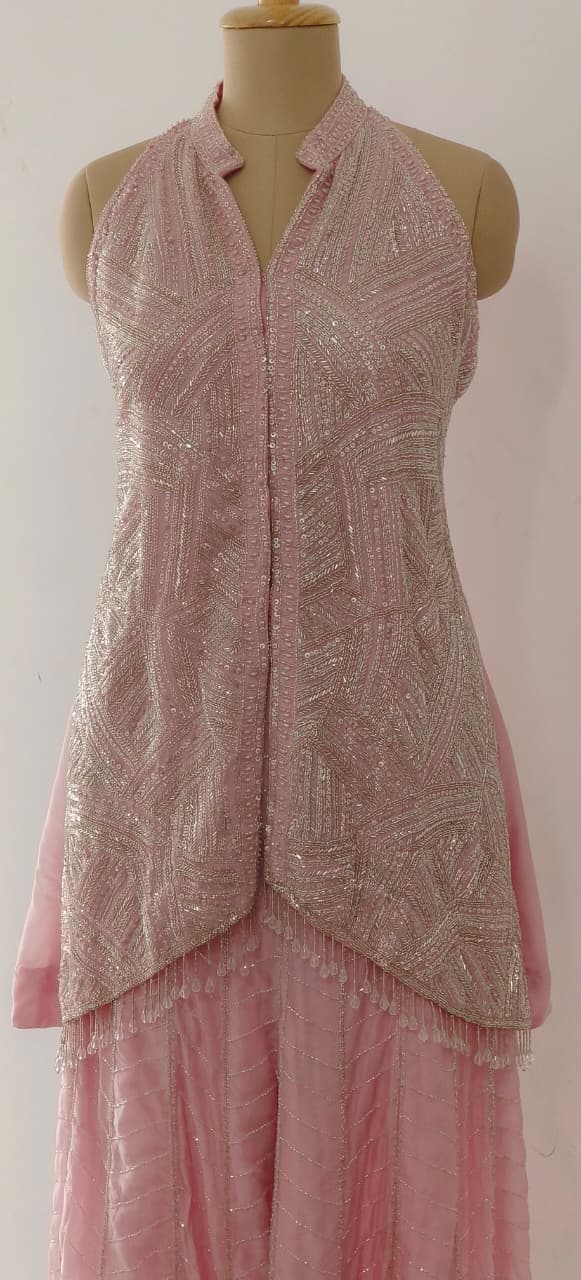 Very Elegant Crystal Tassel With Complete Cut Dana & Sequin Overloaded Handwork Sleeveless Butterfly Cut Kurta With Loose Palazzo Bottom & Organza Dupatta- 11767