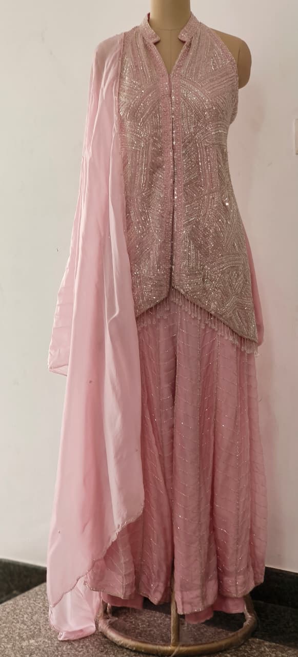 Very Elegant Crystal Tassel With Complete Cut Dana & Sequin Overloaded Handwork Sleeveless Butterfly Cut Kurta With Loose Palazzo Bottom & Organza Dupatta- 11767