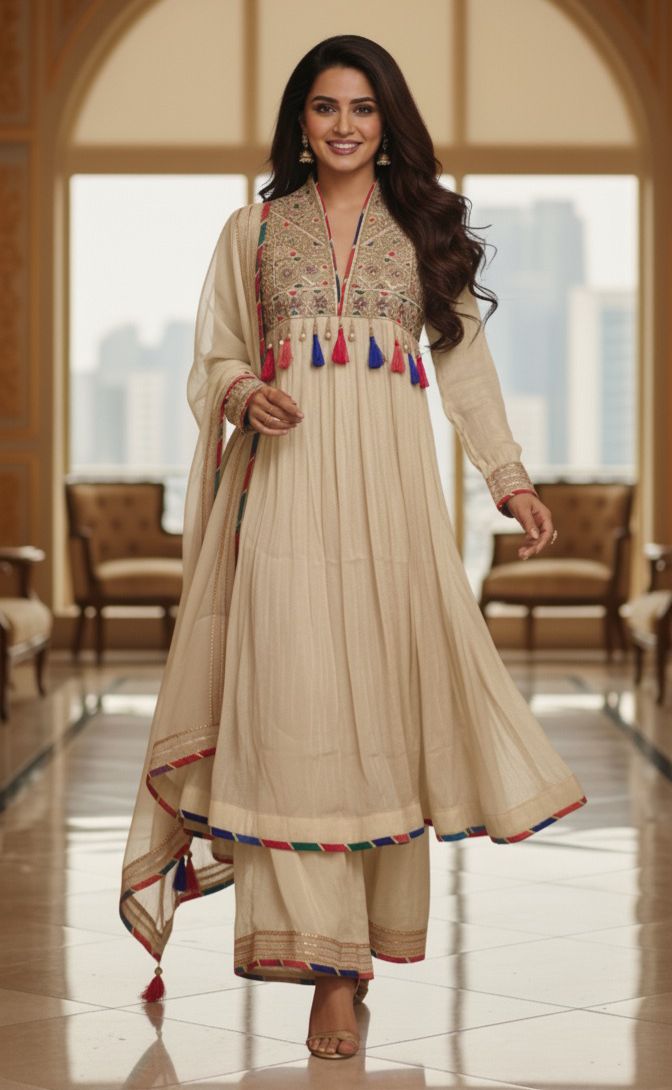 Pastel Shade Crushed Silk Anarkali With Heavy Mirror & Thread Embroidery On Yoke Multicolor Tassel Detailing Full Suit Set