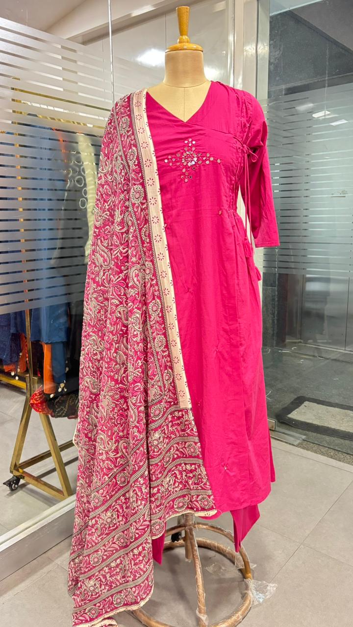 Zig-Zag Side Knotted Real Mirror Front Work Full Suit Set With Dupatta In Cotton Fabric- 12096, 12097