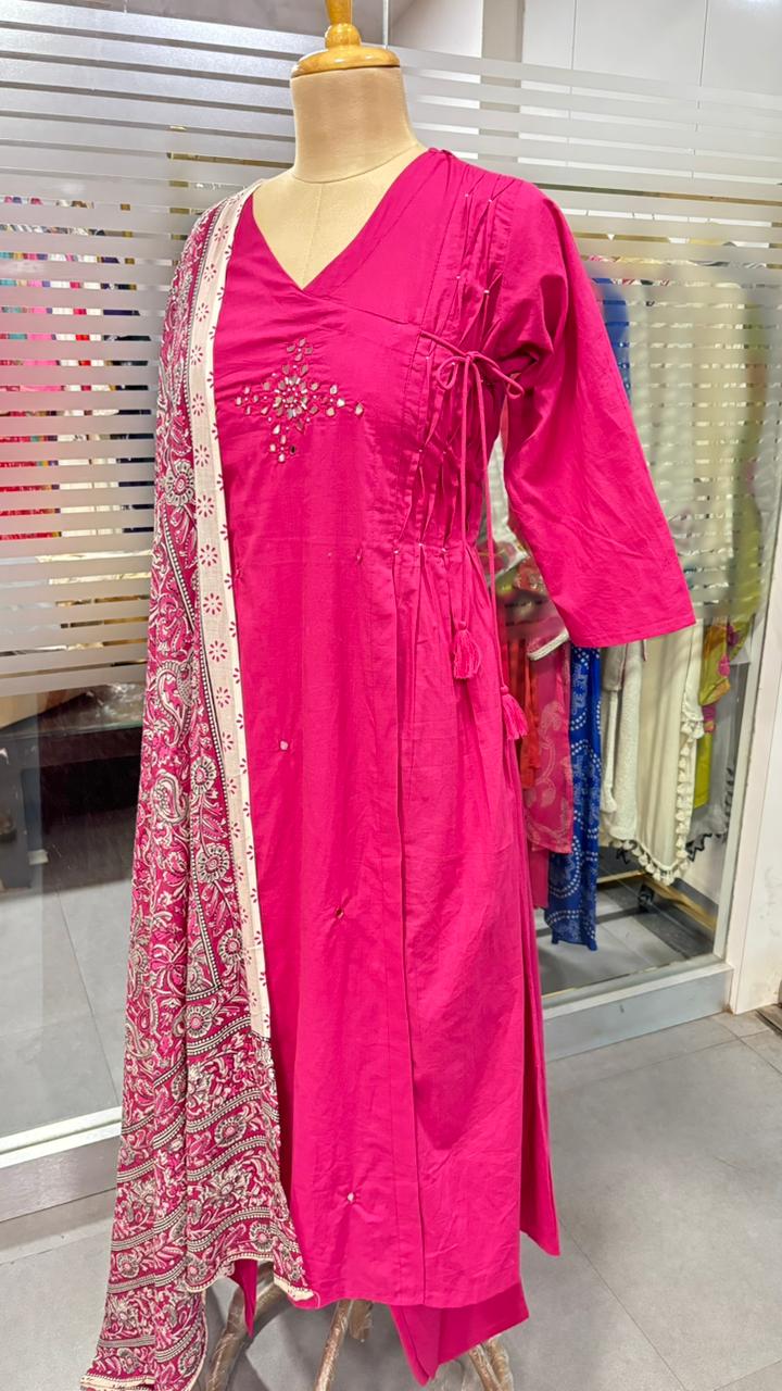 Zig-Zag Side Knotted Real Mirror Front Work Full Suit Set With Dupatta In Cotton Fabric- 12096, 12097