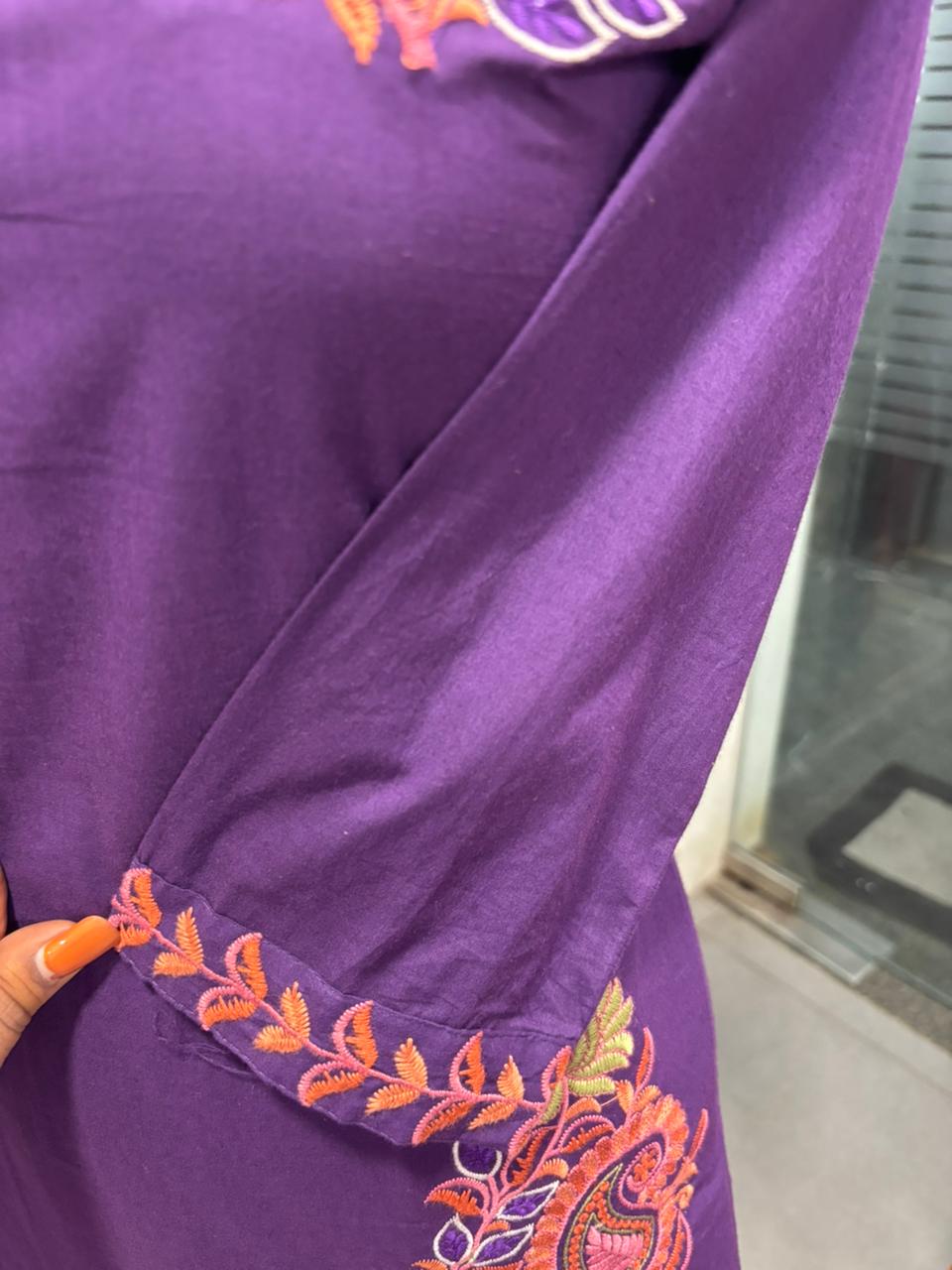 Placement Thread Embroidered Full Suit Set With Dupatta In Cotton Fabric- 11799