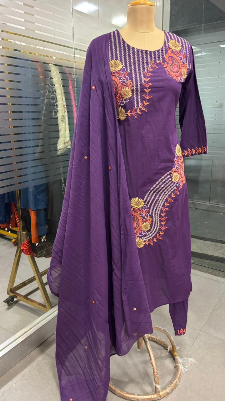 Placement Thread Embroidered Full Suit Set With Dupatta In Cotton Fabric- 11799