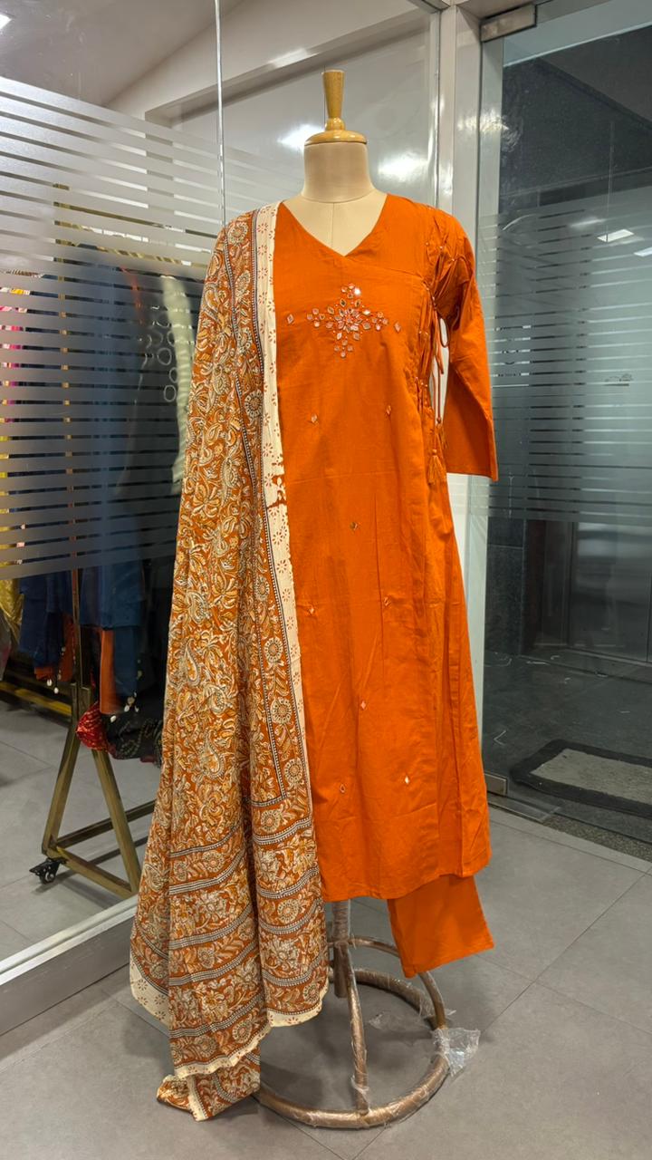 Zig-Zag Side Knotted Real Mirror Front Work Full Suit Set With Dupatta In Cotton Fabric- 12096, 12097