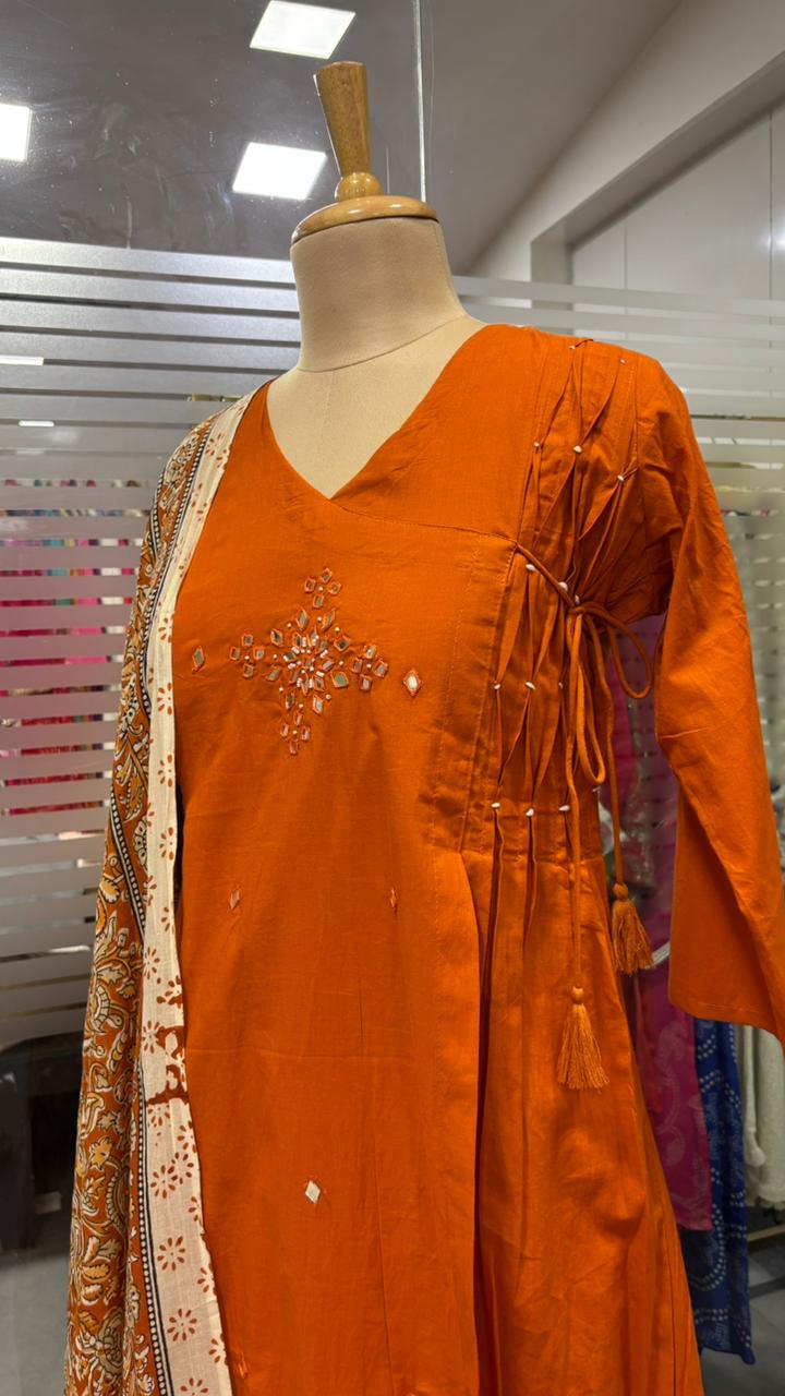 Zig-Zag Side Knotted Real Mirror Front Work Full Suit Set With Dupatta In Cotton Fabric- 12096, 12097