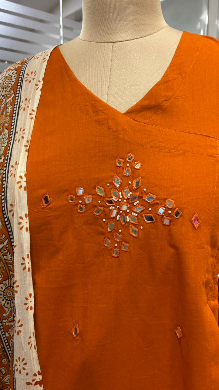 Zig-Zag Side Knotted Real Mirror Front Work Full Suit Set With Dupatta In Cotton Fabric- 12096, 12097