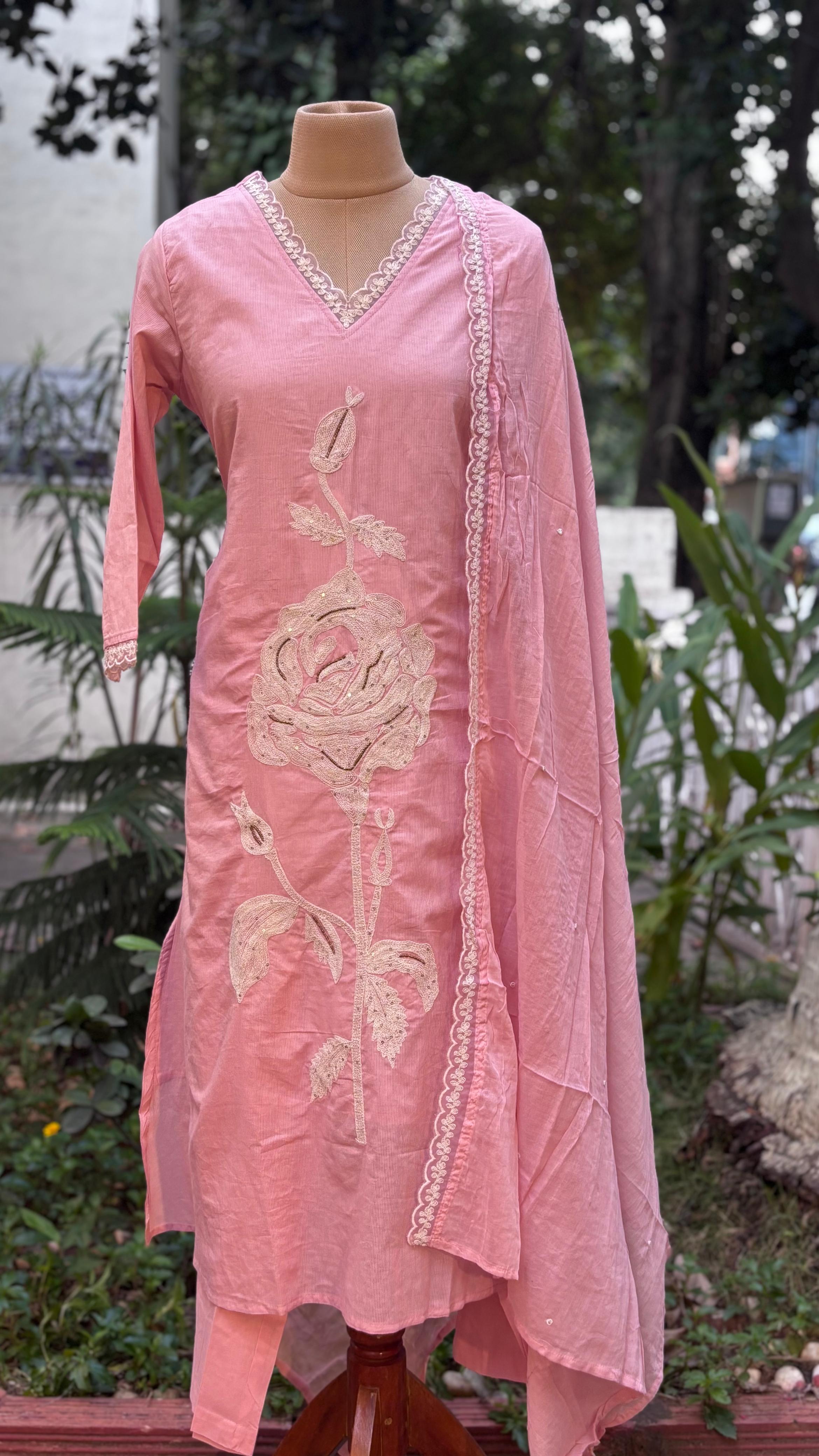 Giant Floral Thread Embroidery Baby Blush Soft Tone Full Suit Set With Dupatta In Cotton Fabric- 11708