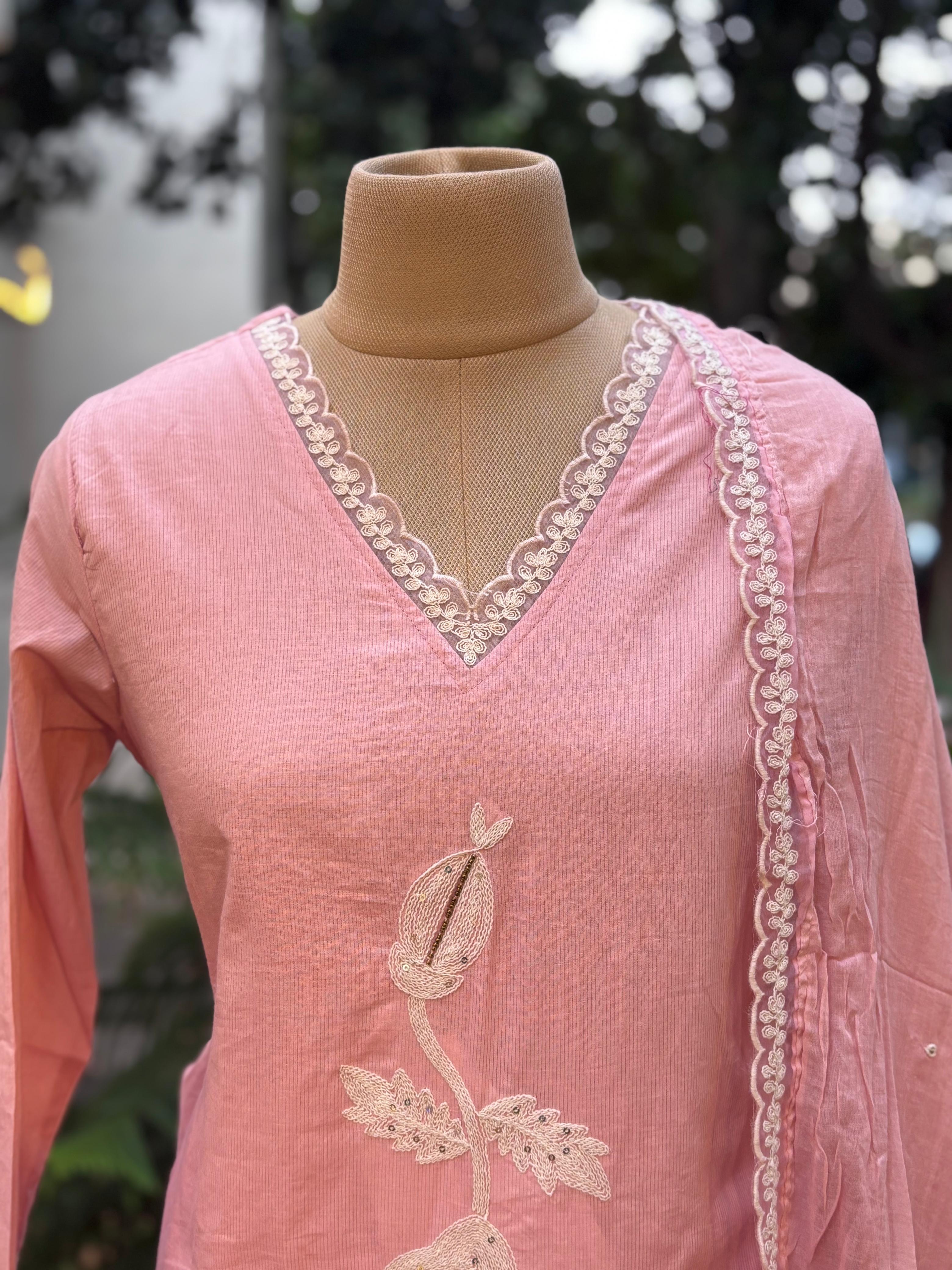 Giant Floral Thread Embroidery Baby Blush Soft Tone Full Suit Set With Dupatta In Cotton Fabric- 11708