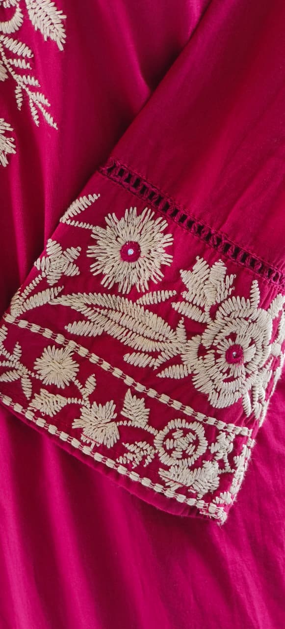 Mandarian Collar Cotton Thread Embroidered Full Suit Set With Dupatta- 12089,12090
