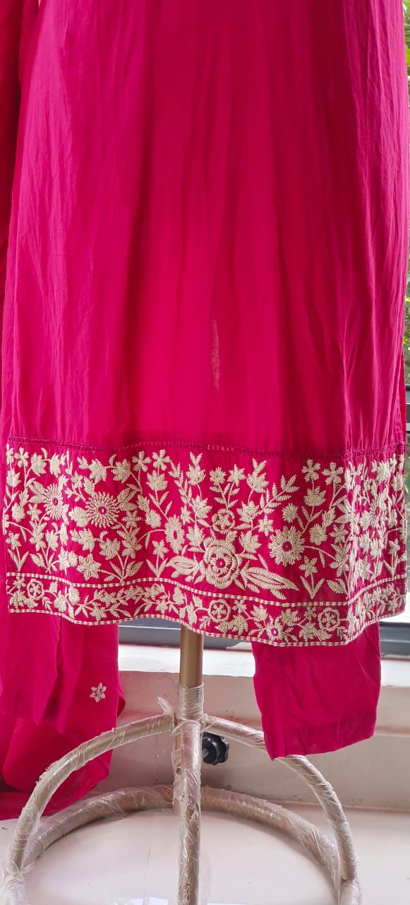 Mandarian Collar Cotton Thread Embroidered Full Suit Set With Dupatta- 12089,12090