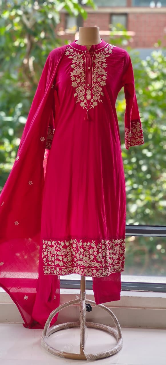Mandarian Collar Cotton Thread Embroidered Full Suit Set With Dupatta- 12089,12090