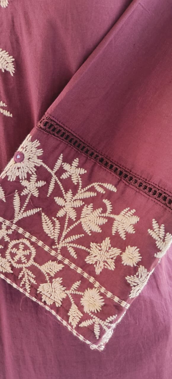 Mandarian Collar Cotton Thread Embroidered Full Suit Set With Dupatta- 12089,12090