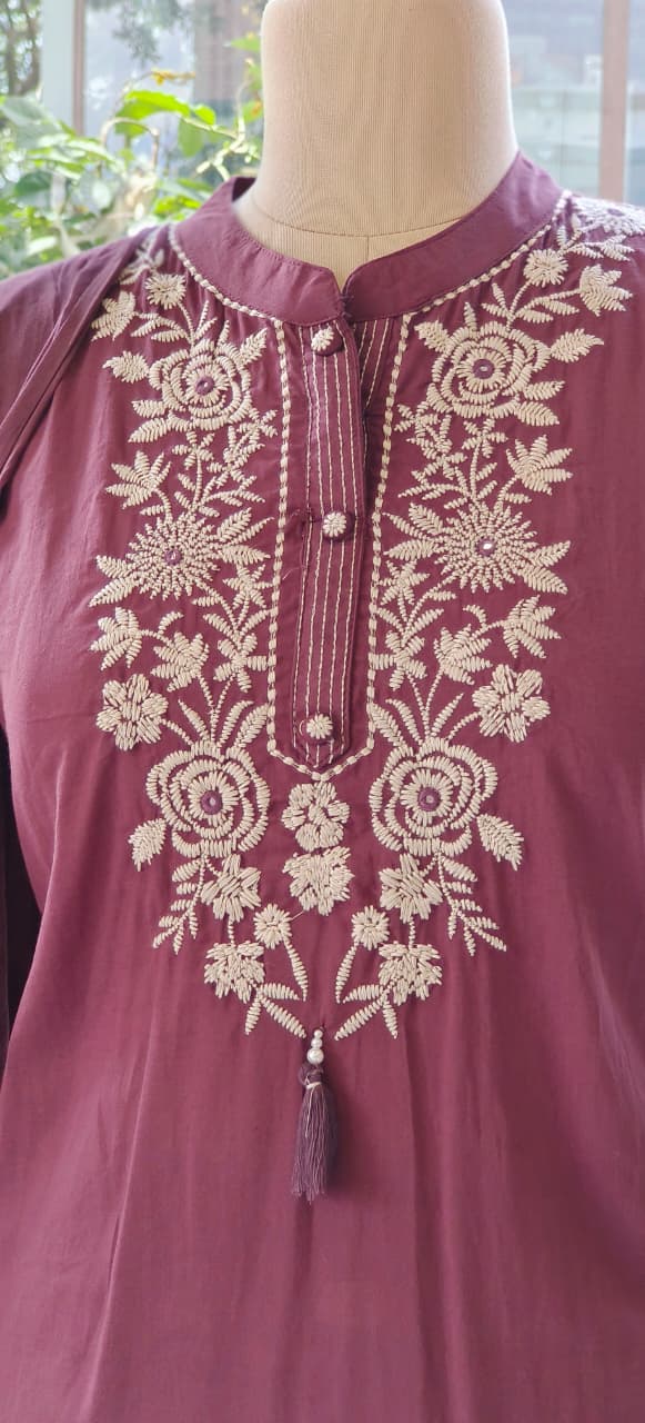 Mandarian Collar Cotton Thread Embroidered Full Suit Set With Dupatta- 12089,12090