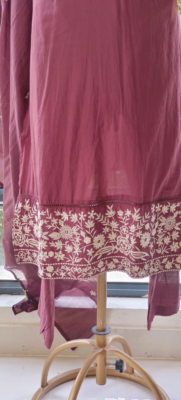 Mandarian Collar Cotton Thread Embroidered Full Suit Set With Dupatta- 12089,12090