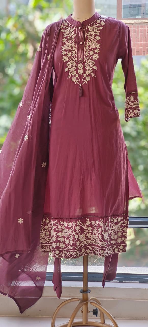 Mandarian Collar Cotton Thread Embroidered Full Suit Set With Dupatta- 12089,12090