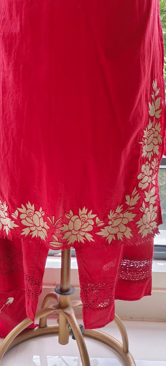 Rose Thread Embroidered V-Neck Cotton Full Suit Set With Dupatta- 12100,12098,12101,12099