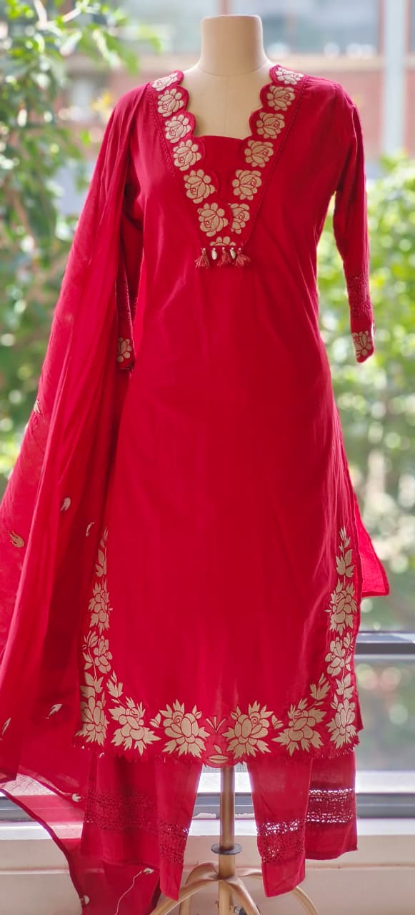 Rose Thread Embroidered V-Neck Cotton Full Suit Set With Dupatta- 12100,12098,12101,12099