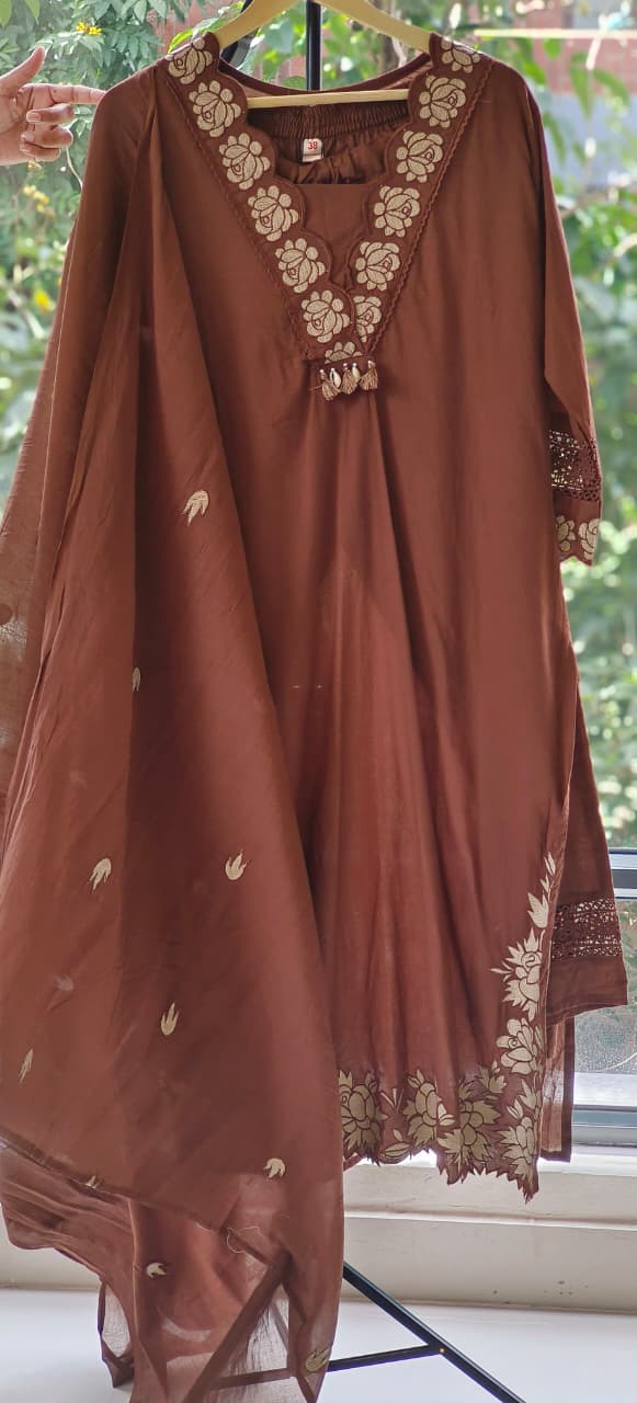 Rose Thread Embroidered V-Neck Cotton Full Suit Set With Dupatta- 12100,12098,12101,12099