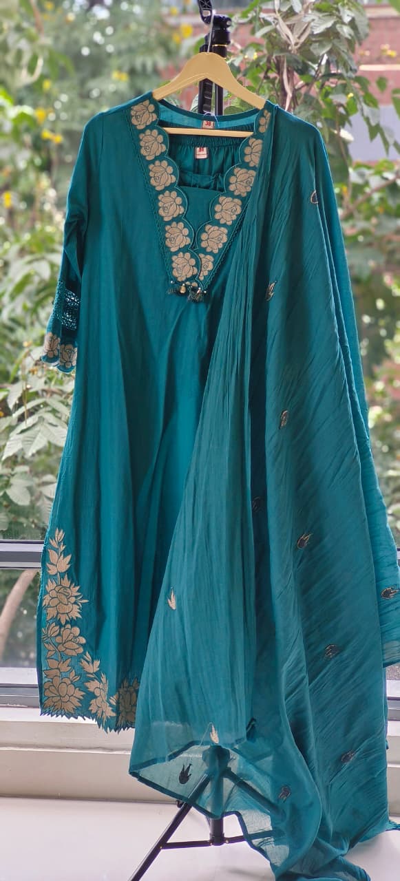 Rose Thread Embroidered V-Neck Cotton Full Suit Set With Dupatta- 12100,12098,12101,12099