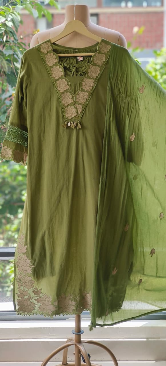 Rose Thread Embroidered V-Neck Cotton Full Suit Set With Dupatta- 12100,12098,12101,12099