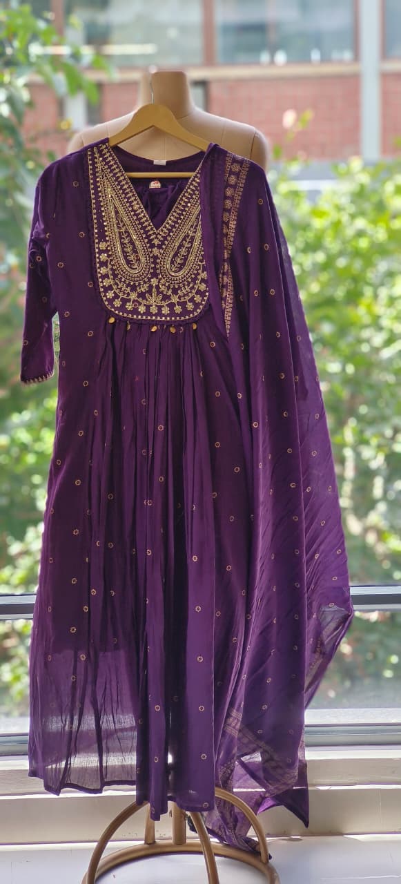 Summer Mul Cotton Embroidered Yoke Aline Full Suit Set With Dupatta- 12093,92,94,95