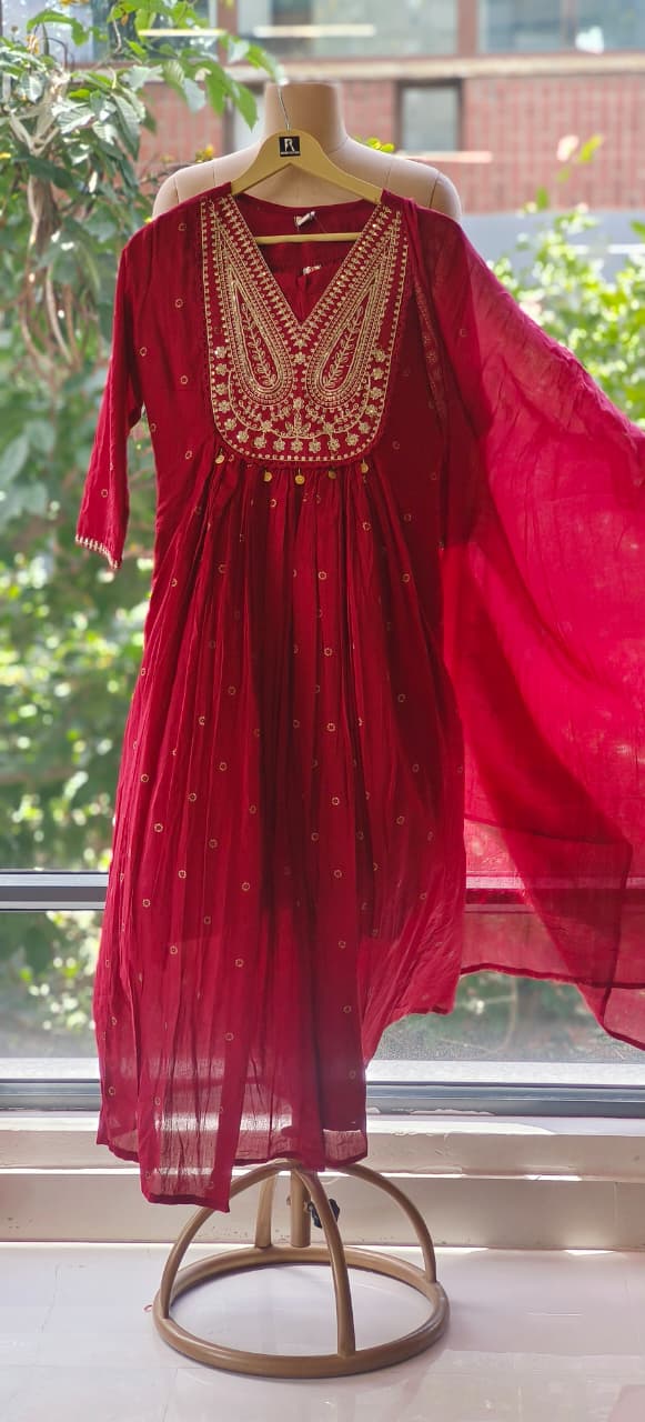 Summer Mul Cotton Embroidered Yoke Aline Full Suit Set With Dupatta- 12093,92,94,95