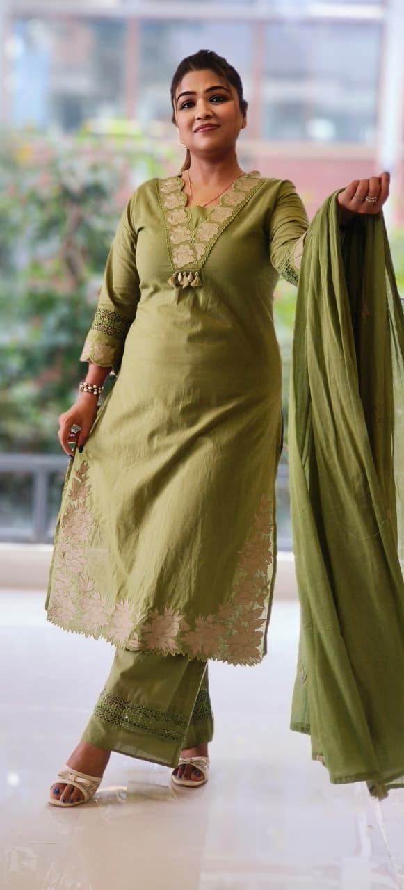 Rose Thread Embroidered V-Neck Cotton Full Suit Set With Dupatta- 12100,12098,12101,12099