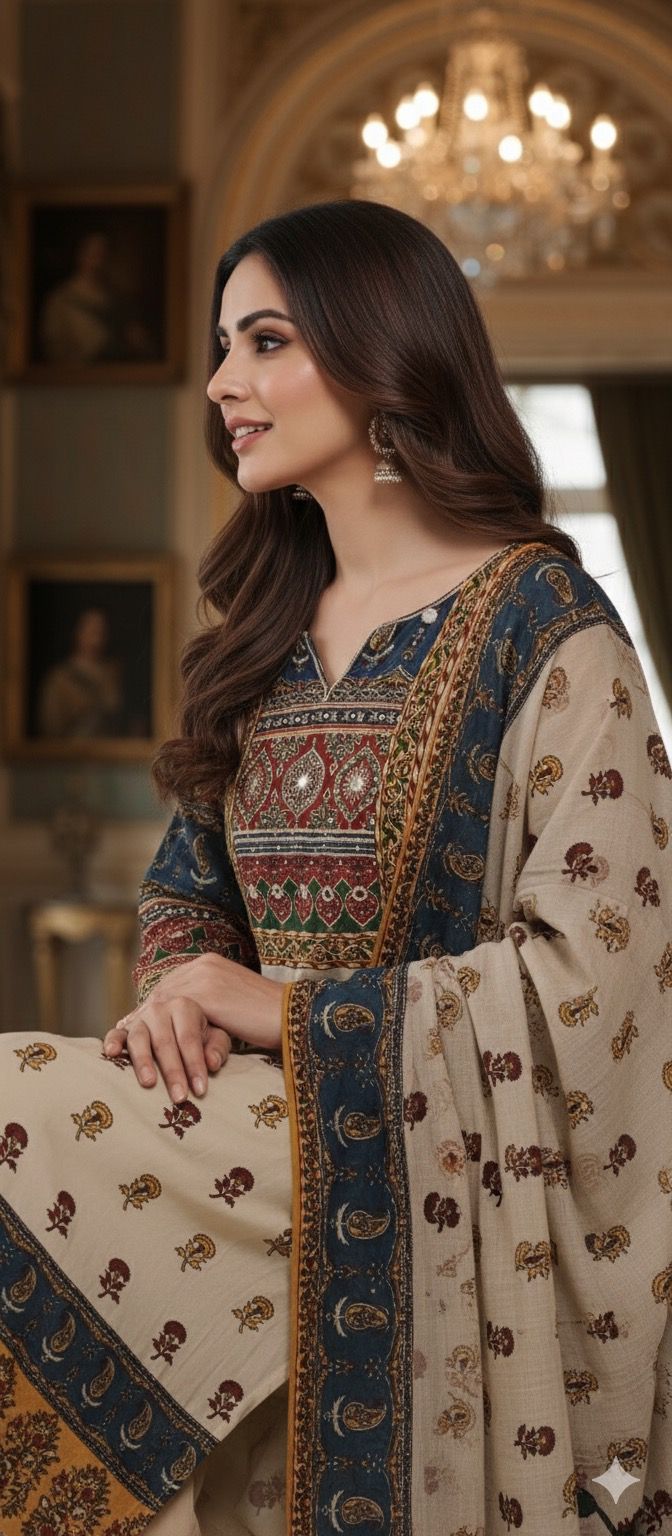 Kalamkari Block Front Printed Full Suit Set With Dupatta In Crepe Fabric- 12109