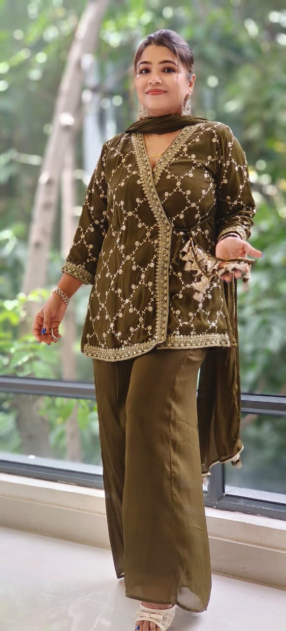 Embroidered Chinon Fabric Angrakha Style Top With Loose Bottom Kurta Set With Tassel Detailing Full Suit Set-12133,34,35