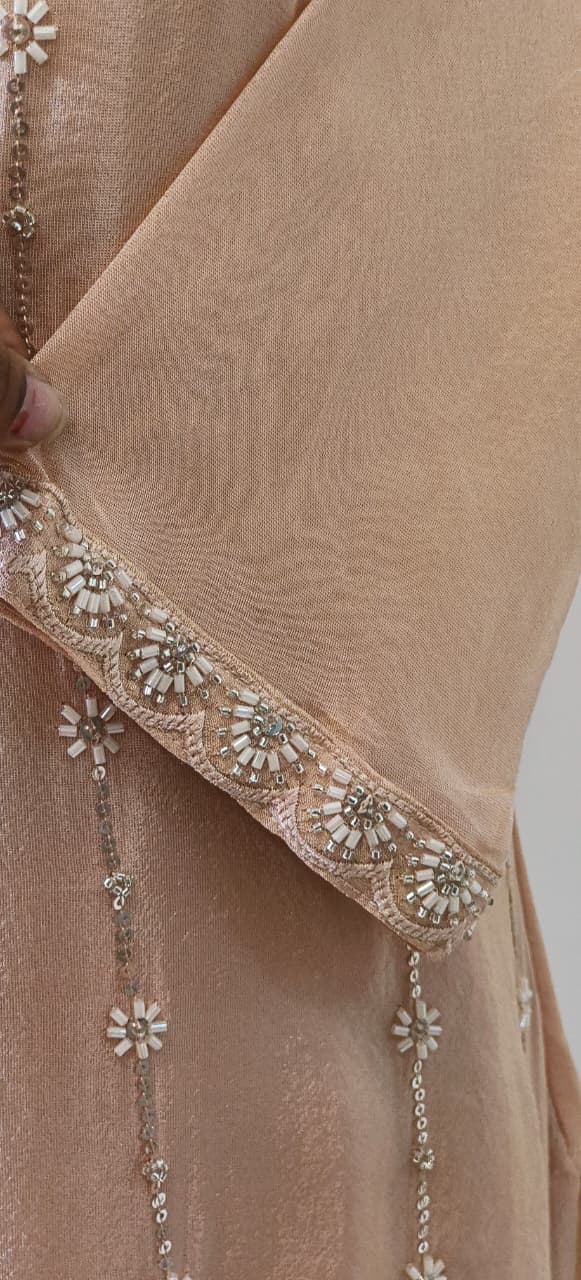 Shimmer Tissue Kurta with Loose Palazo Set with Hand Embellished Floral Hemline and V-Neck Detailing Full Set- 12131, 12130, 12129