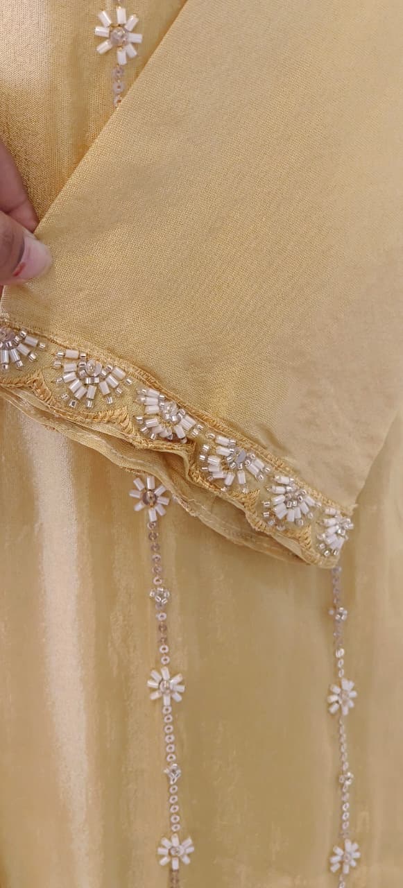 Shimmer Tissue Kurta with Loose Palazo Set with Hand Embellished Floral Hemline and V-Neck Detailing Full Set- 12131, 12130, 12129