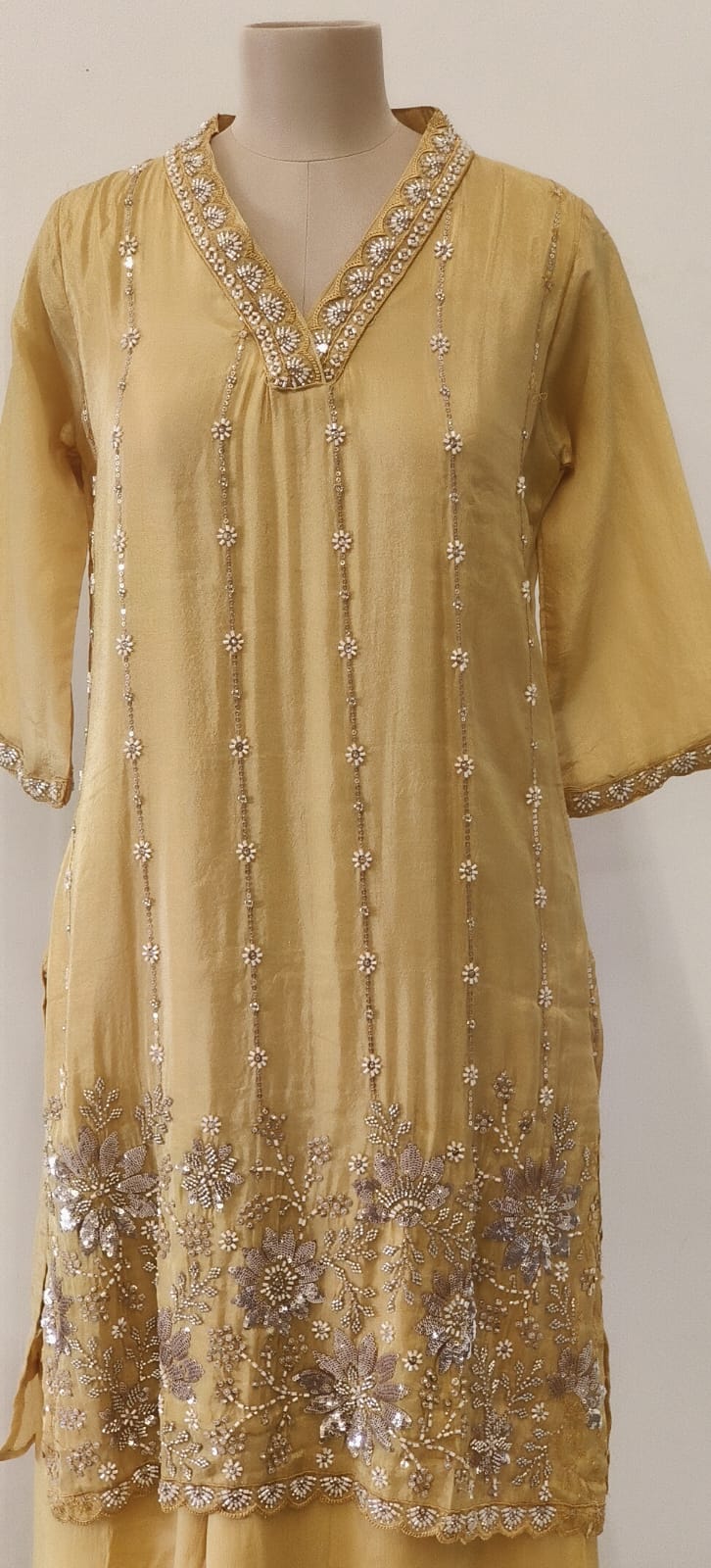 Shimmer Tissue Kurta with Loose Palazo Set with Hand Embellished Floral Hemline and V-Neck Detailing Full Set- 12131, 12130, 12129