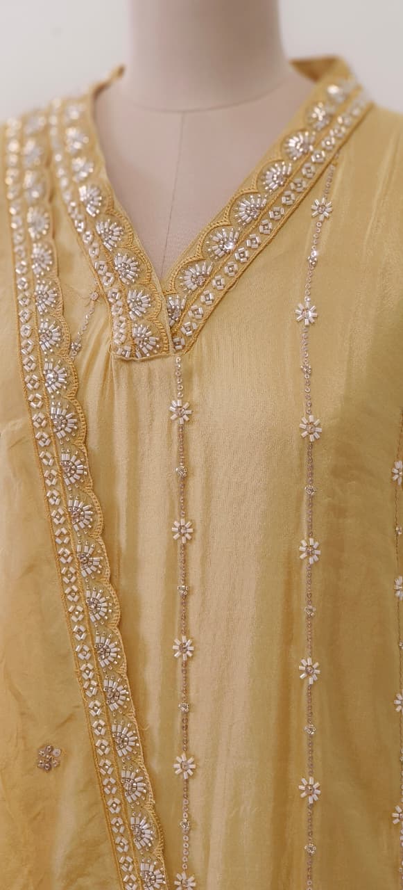 Shimmer Tissue Kurta with Loose Palazo Set with Hand Embellished Floral Hemline and V-Neck Detailing Full Set- 12131, 12130, 12129