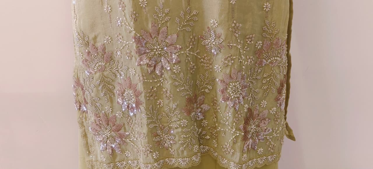 Shimmer Tissue Kurta with Loose Palazo Set with Hand Embellished Floral Hemline and V-Neck Detailing Full Set- 12131, 12130, 12129