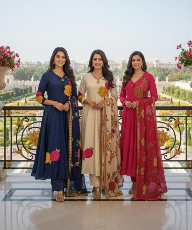 Floral Embroidered Work V-Neck Tassel A-Line Full Suit Set With Dupatta In Crepe Fabric- 11965, 11966