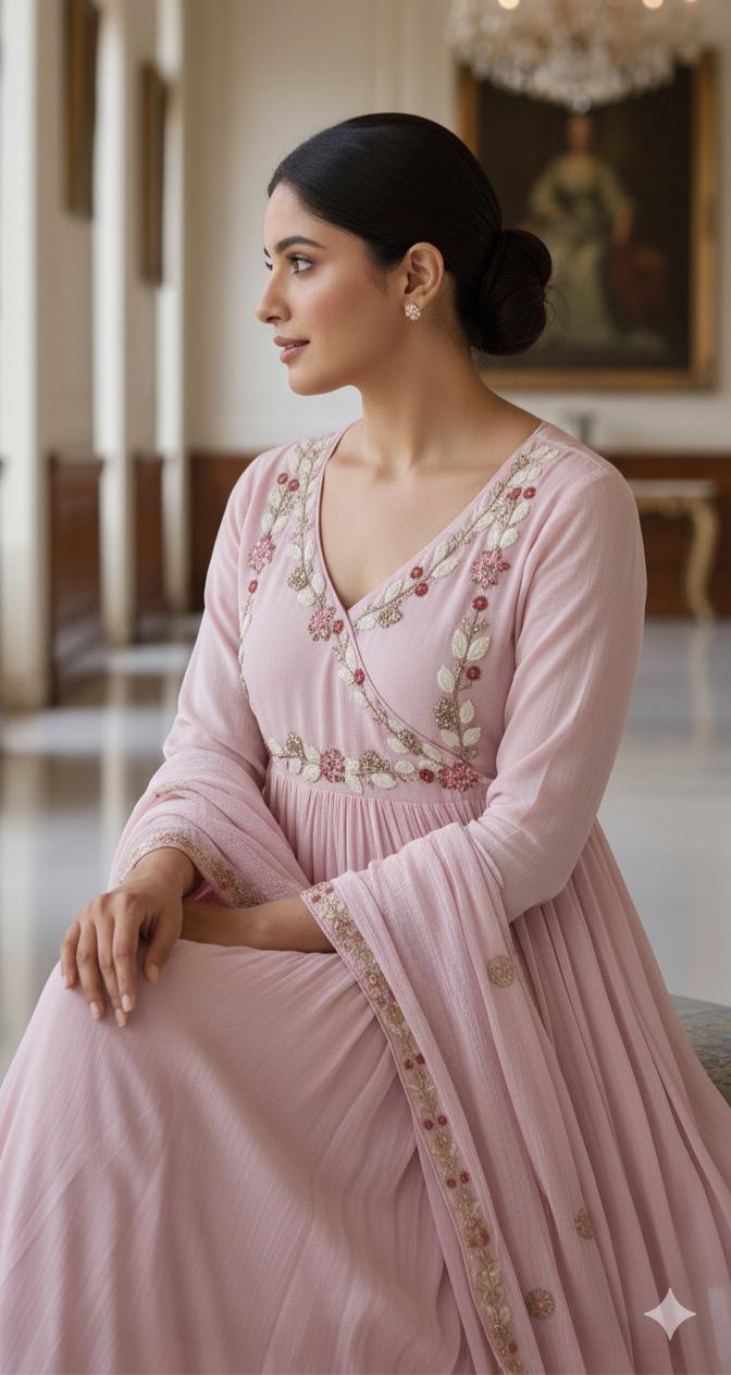 Very Elegant Decent Thread Embroidered Chinon Anarkali Full Suit Set With Dupatta- 11211