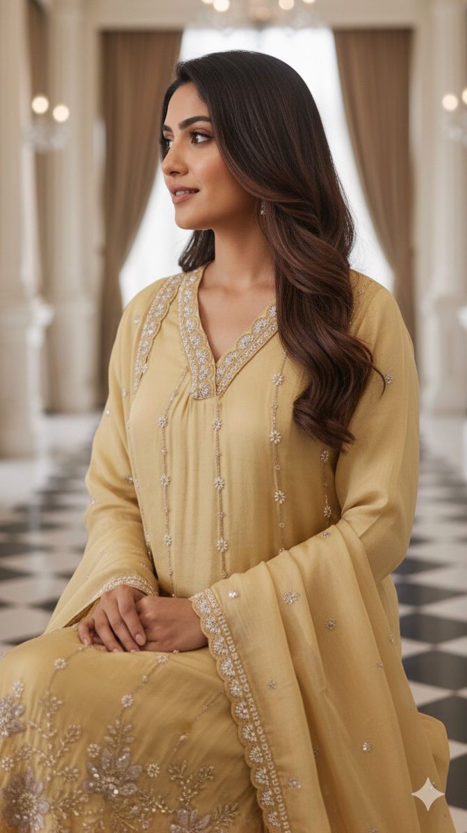 Shimmer Tissue Kurta with Loose Palazo Set with Hand Embellished Floral Hemline and V-Neck Detailing Full Set- 12131, 12130, 12129