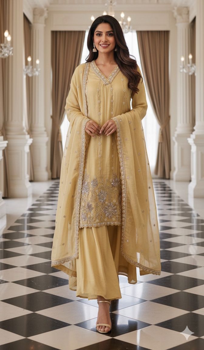 Shimmer Tissue Kurta with Loose Palazo Set with Hand Embellished Floral Hemline and V-Neck Detailing Full Set- 12131, 12130, 12129