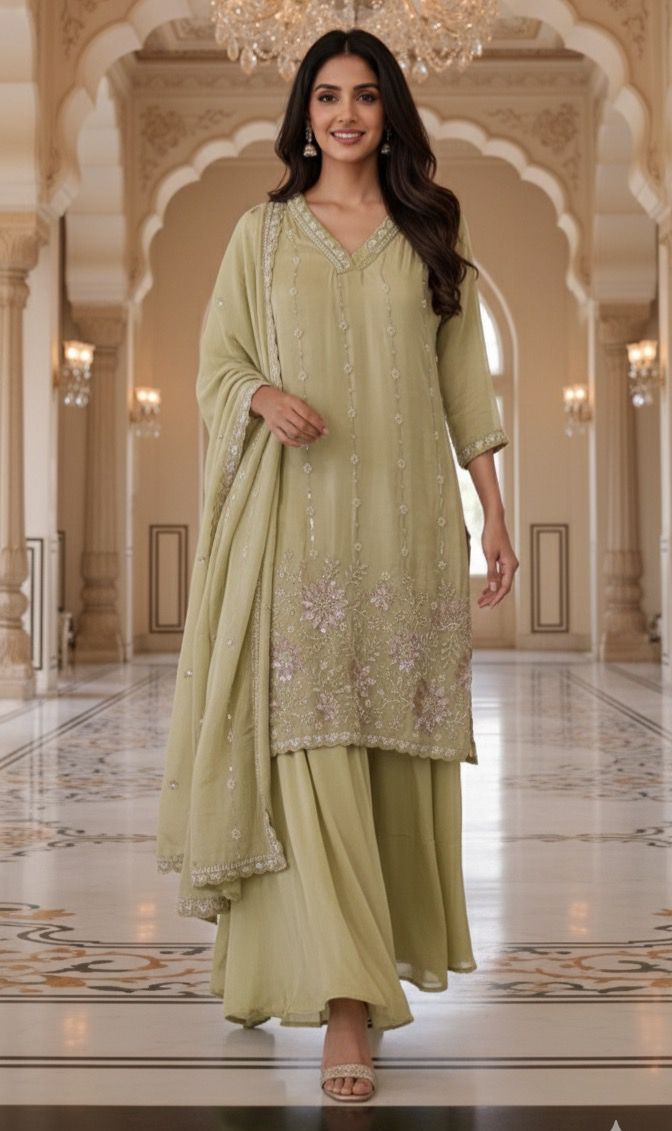 Shimmer Tissue Kurta with Loose Palazo Set with Hand Embellished Floral Hemline and V-Neck Detailing Full Set- 12131, 12130, 12129