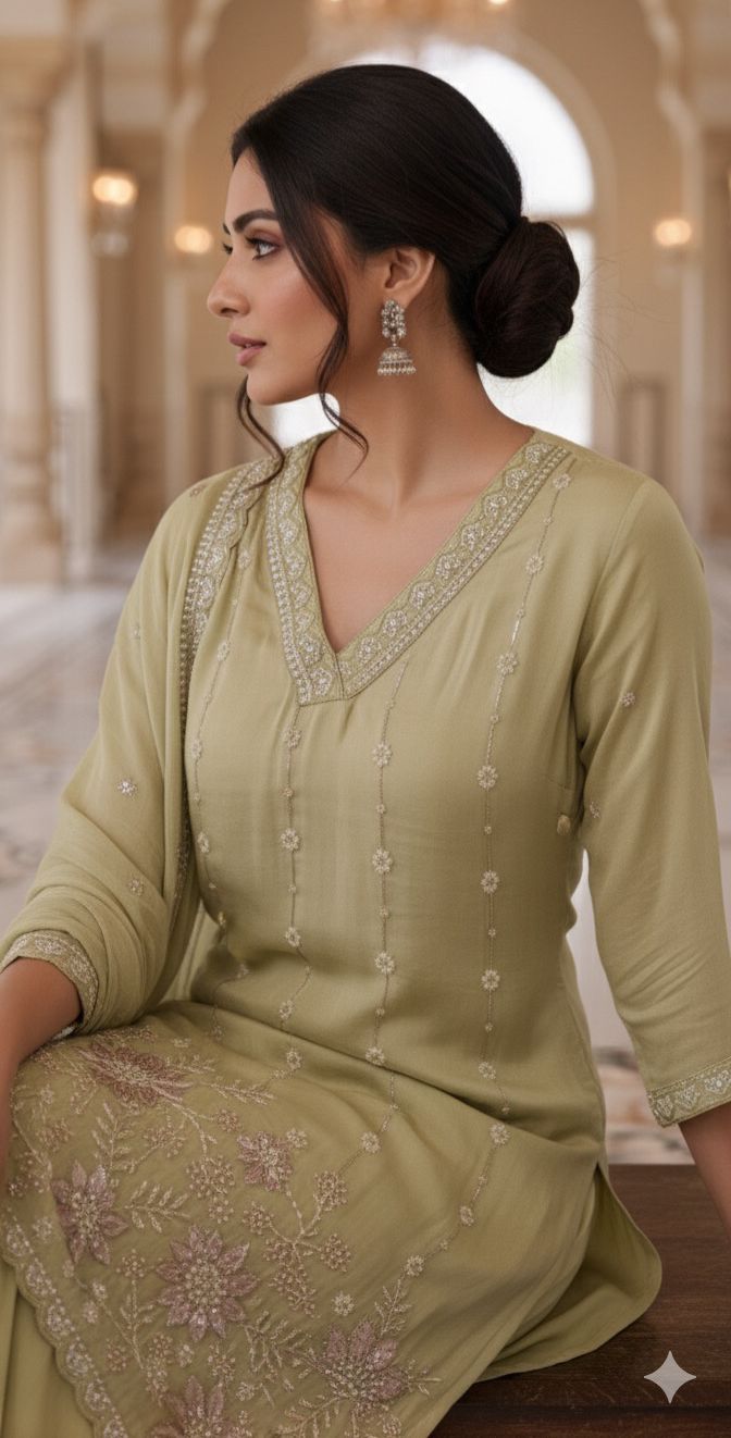 Shimmer Tissue Kurta with Loose Palazo Set with Hand Embellished Floral Hemline and V-Neck Detailing Full Set- 12131, 12130, 12129