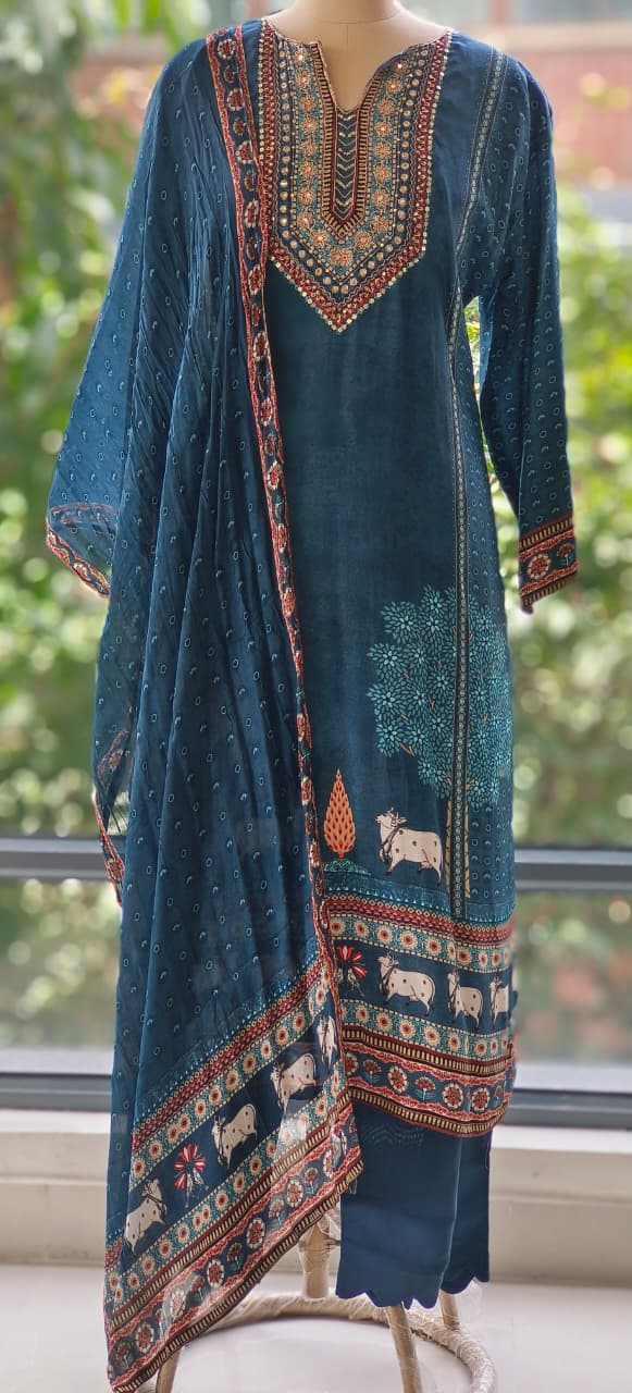 Designer Crepe Suit in Deep Blue Shade Adorned with Sacred Cow Figures and Heritage Prints-12082