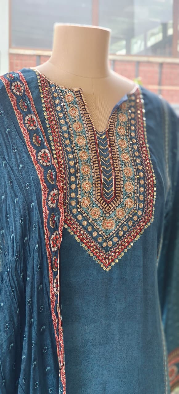 Designer Crepe Suit in Deep Blue Shade Adorned with Sacred Cow Figures and Heritage Prints-12082