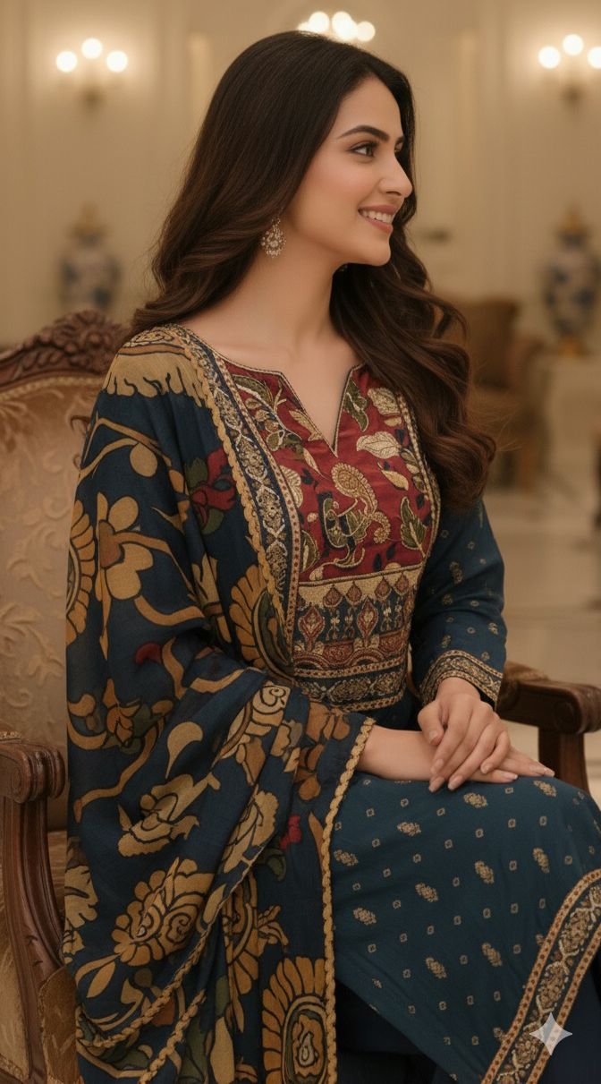 Elegant Teal Crepe Kurta Set Featuring Intricate Neck Detailing, Solid Straight Pants, and Flowing Printed Organza Dupatta-12117