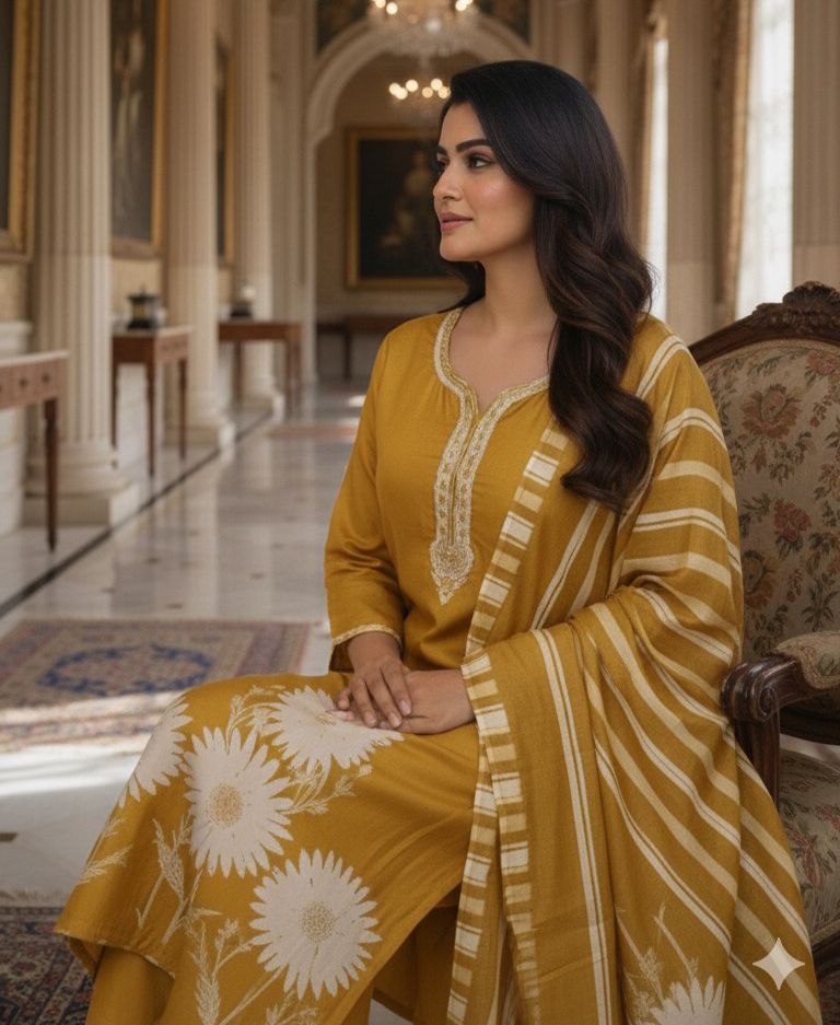 Graceful Simple Neck Line Floral Blossom Full Suit Set With Dupatta In Russian Silk Fabric- 11704