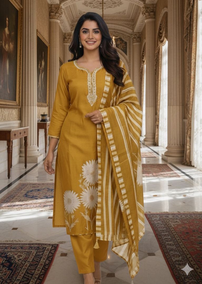 Graceful Simple Neck Line Floral Blossom Full Suit Set With Dupatta In Russian Silk Fabric- 11704