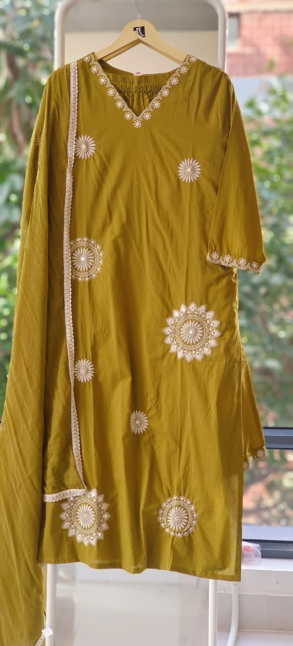 Embroidered Neck Foil Mirror Work Mall Cotton Pure Full Suit Set-12181