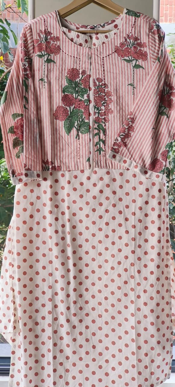 Polka Dot Cotton Kurta Pant Set with Stripe Short Jacket-12190,12189 Dispatching From Monday