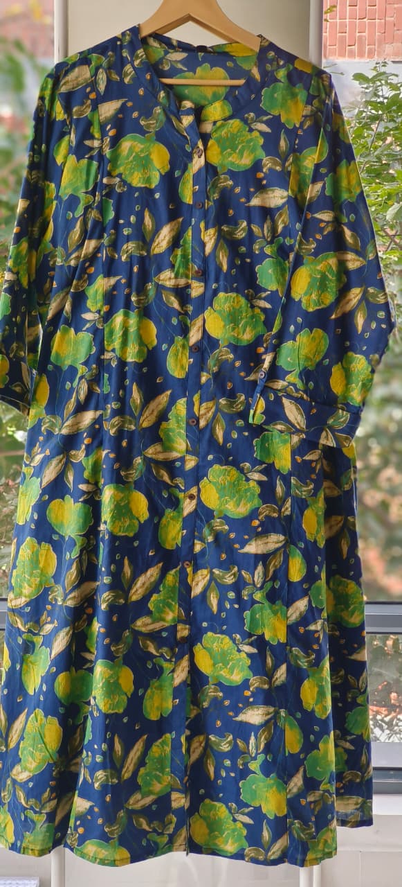 Blue Green Printed Pure Cotton Floral Print Aline Kurta Pant-12184 Dispatching From Monday