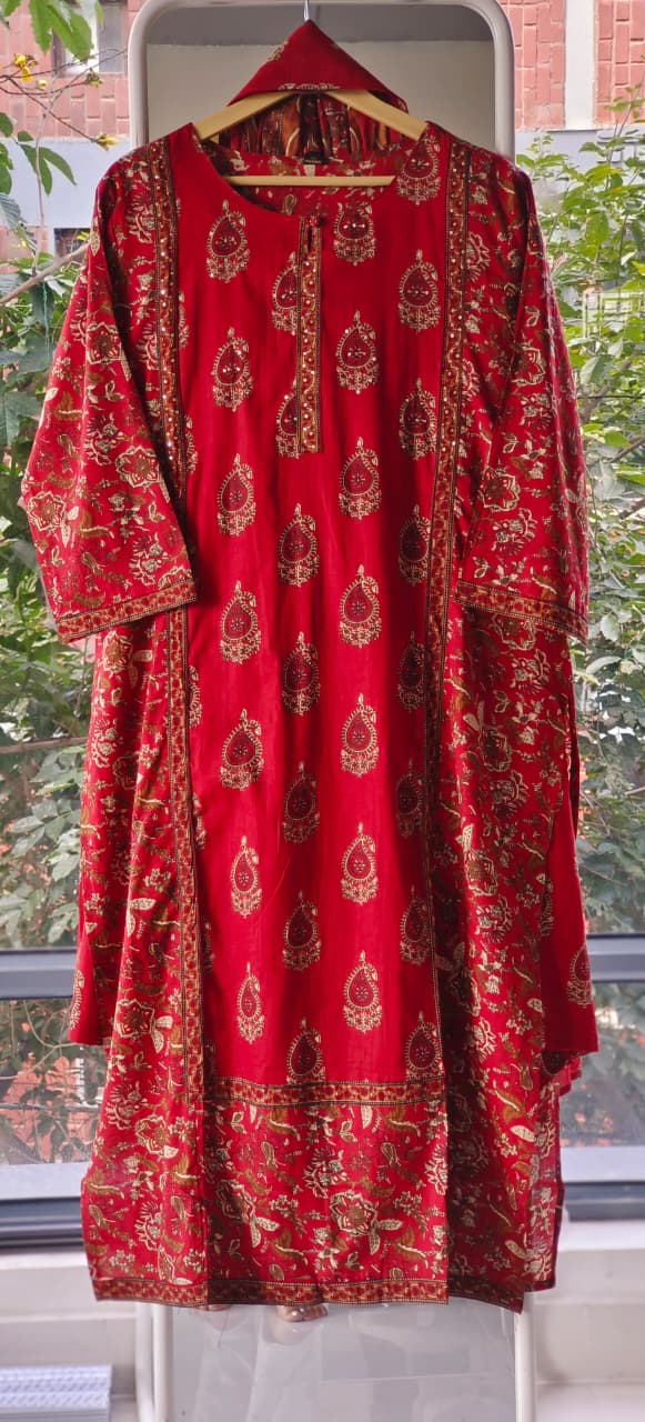 Pure Cotton Printed Suit Set with Intricate  Floral and Paisley Hand block Design Full Suit-12197